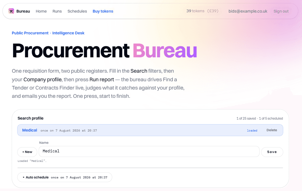The bureau workspace: a masthead with the token balance, and a Search profile card holding a saved configuration called Medical