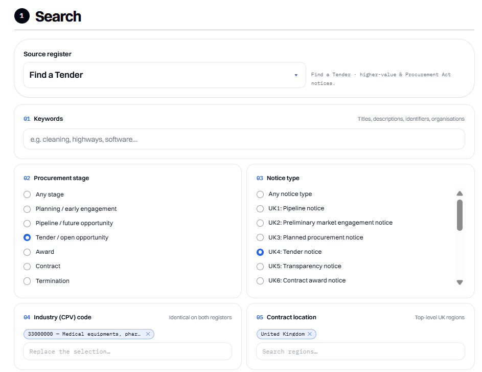 The Search step: source register set to Find a Tender, with keyword, procurement stage and notice type filters