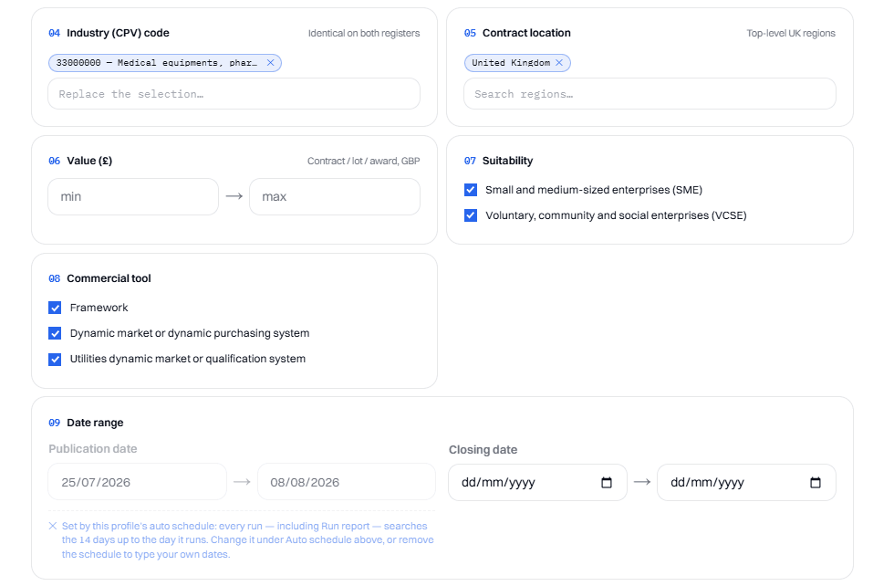 Further Search filters: CPV code, contract location, value range, SME and VCSE suitability, commercial tool and date range