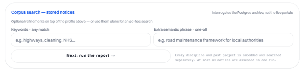 The corpus search panel: optional keyword and semantic phrase refinements over the stored notice archive