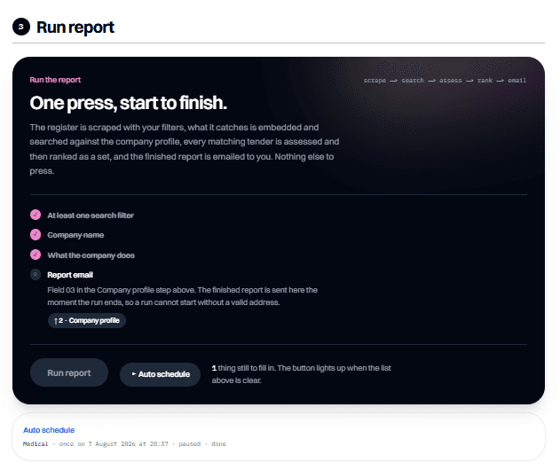 The Run report panel: a checklist of four requirements, three satisfied, with the Run report and Auto schedule buttons